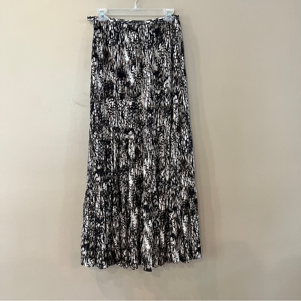 Peruvian Connection Tiered Maxi Skirt Feather Pattern Sz 2/4 Black Brown White‎